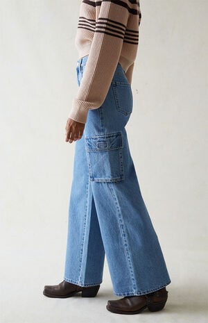 Light Indigo Wide Leg Cargo Jeans image number 3
