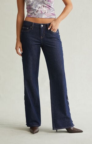 Zoe Low Rise Girlfriend Jeans Lace-Up Side Dark Blue image number 2