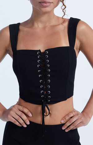 Kendall & Kylie Linen Lace Up Corset Top