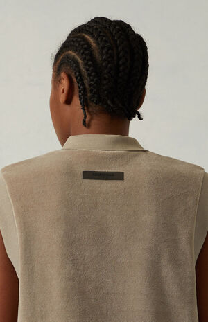 Women's Desert Taupe Velour Sleeveless Polo Sweatshirt image number 5