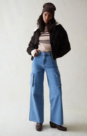 Light Indigo Wide Leg Cargo Jeans image number 1