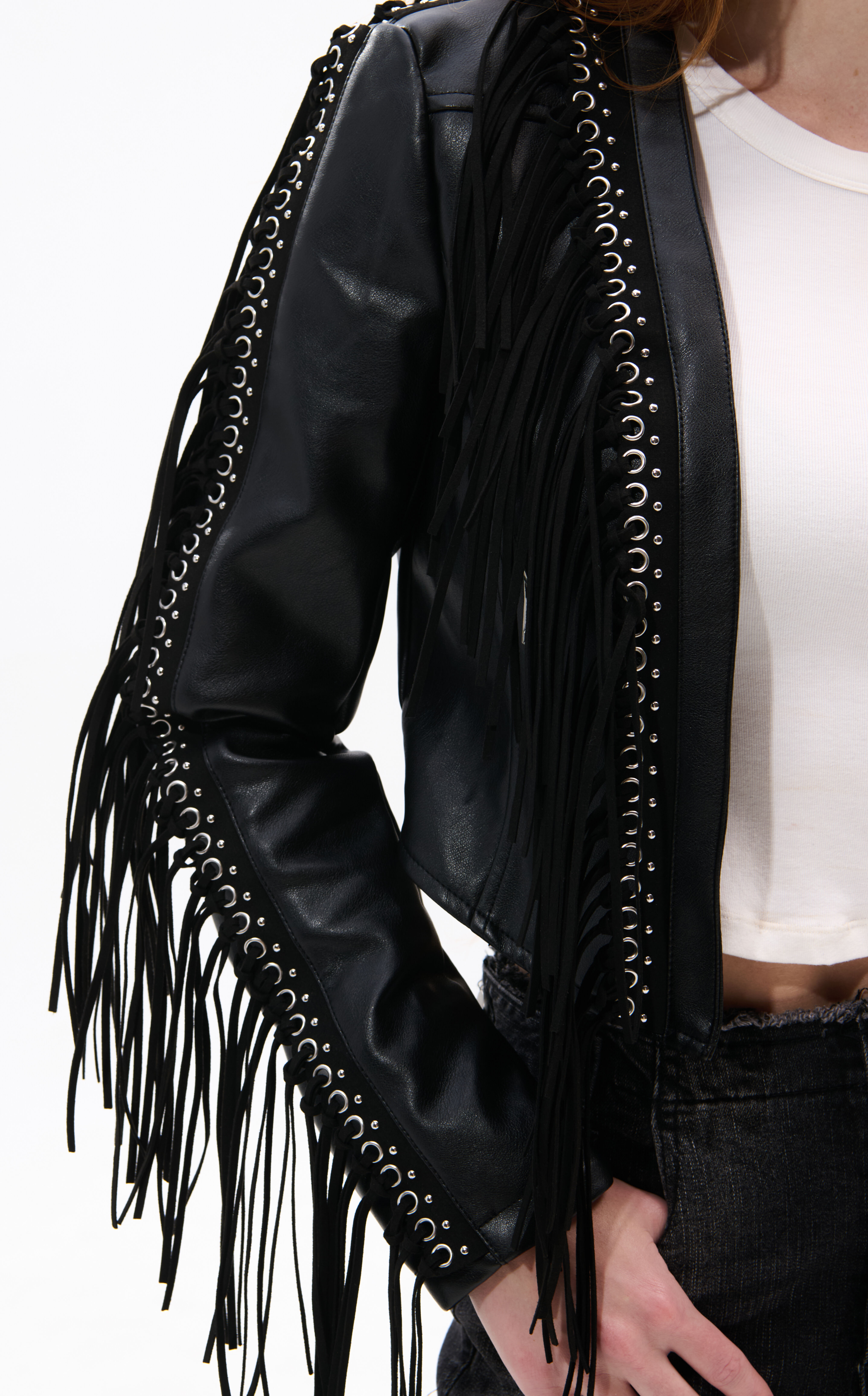 AZALEA WANG Olivier Black Faux Leather Fringe Western Jacket
