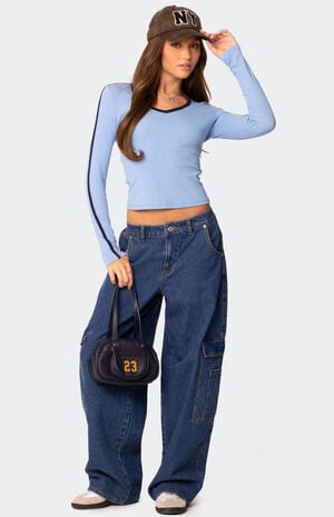 Contrast V Neck Long Sleeve T-Shirt image number 2