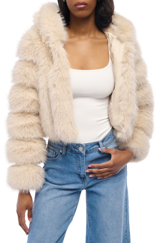 AZALEA WANG Jolene Tan Hooded Faux Fur Coat