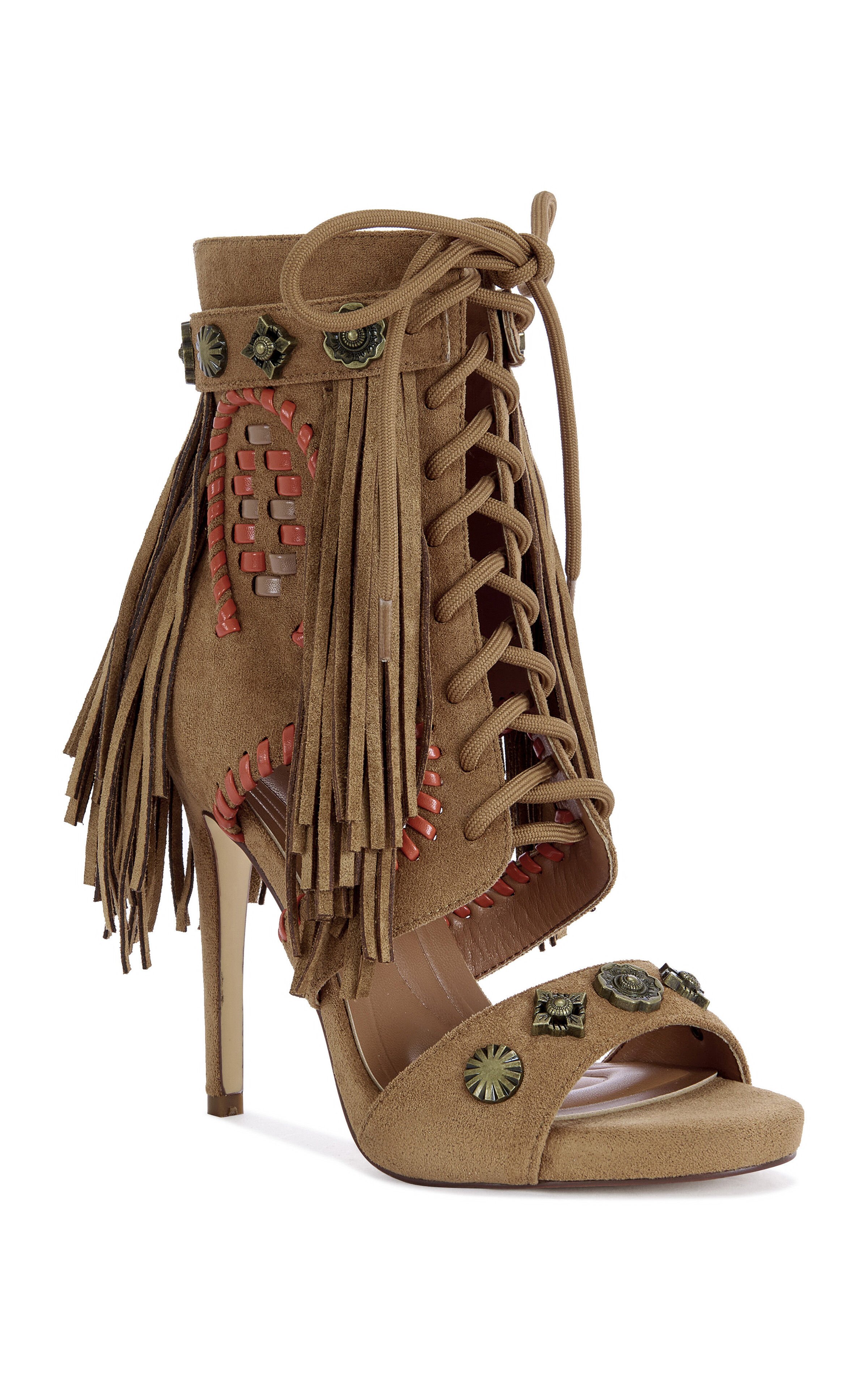 AZALEA WANG Women's Salgado Tan Fringe Stiletto Booties