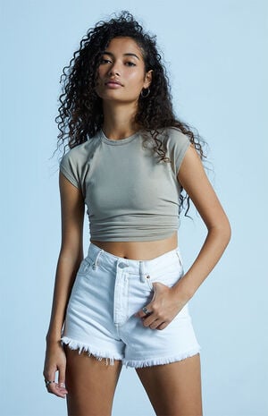 Eco White High Waisted Denim Festival Shorts image number 1