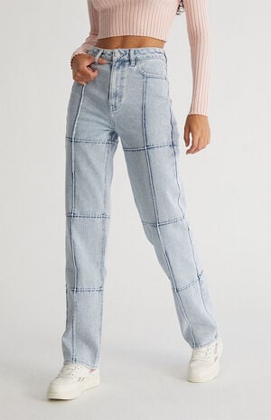 Light Blue Paneled Boyfriend Jeans image number 1