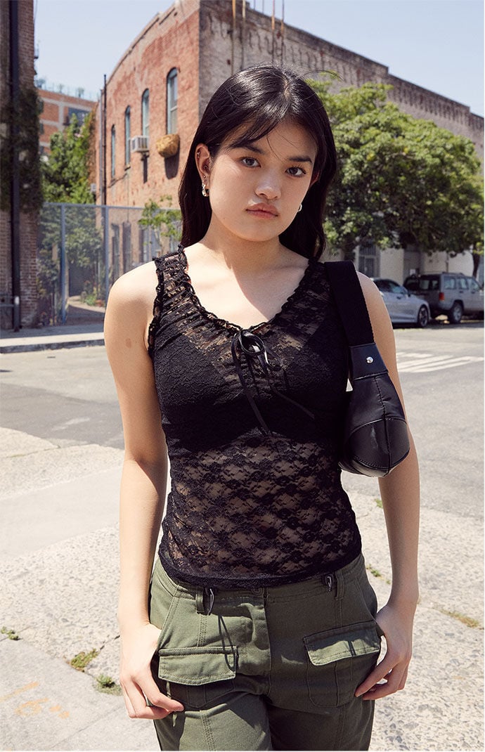 John Galt Black Lace Tank Top | PacSun