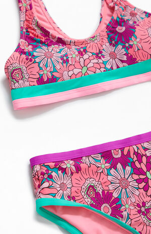 Kids Colorblock Waistband Floral Bikini Top & Bottom Set image number 2