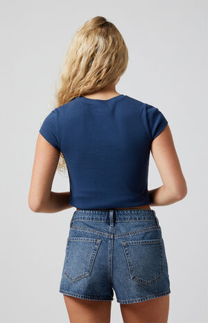 Dark Indigo Zip Fly High Waisted Denim Festival Shorts image number 4