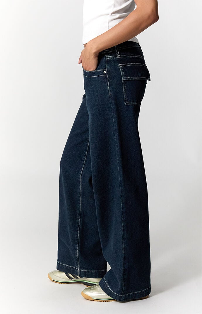 Pacsun Casey Low Rise Baggy Jeans Contrast Stitch Dark Blue
