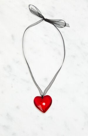 Red Heart Ribbon Necklace