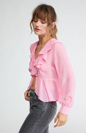 Ruffle Tie Front Long Sleeve Top image number 3