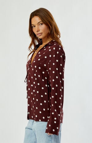 Polka Dot Tie Front Long Sleeve Shirt image number 3