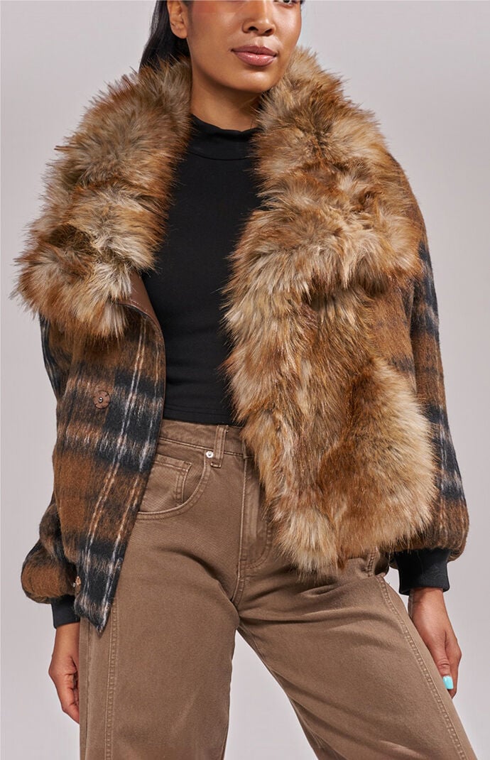 AZALEA WANG Maddy Brown Faux Fur Bomber Jacket