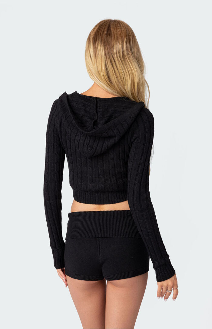 Denim Panel Zipper-Front Knit Cardigan