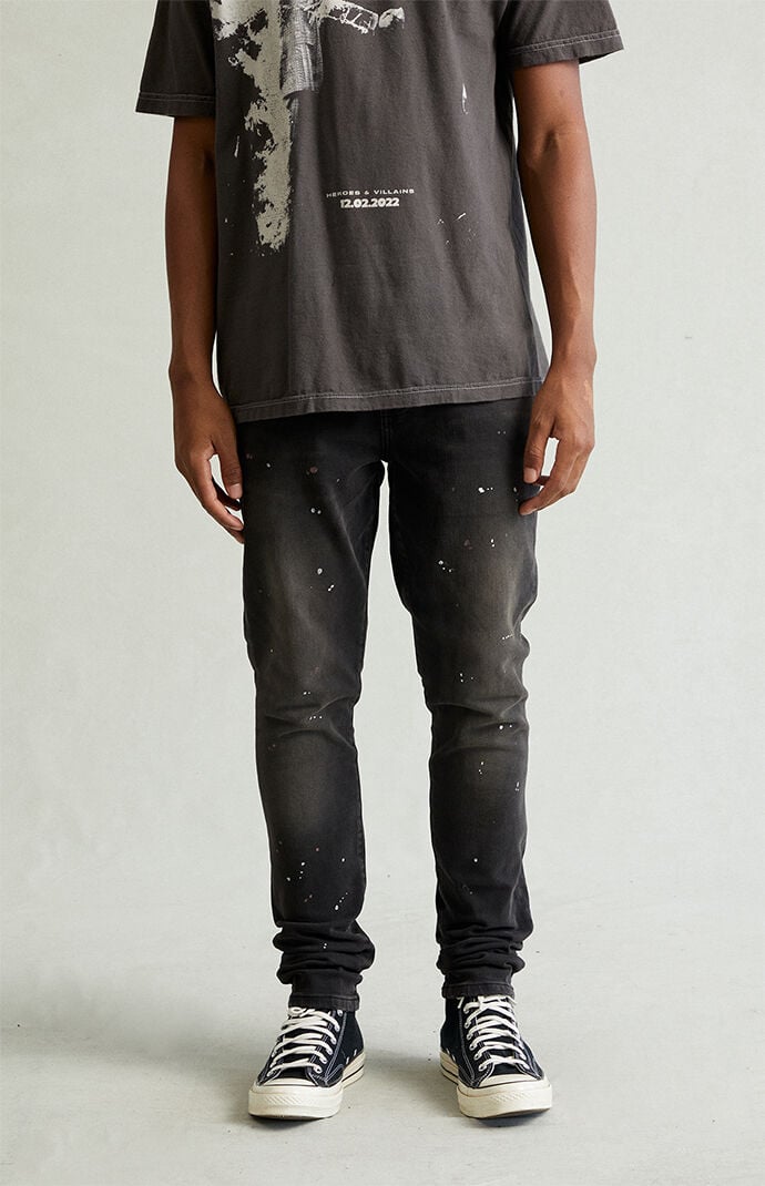 Pacsun Bryce Stacked Skinny Jeans Stretch Paint Splatter Faded Black