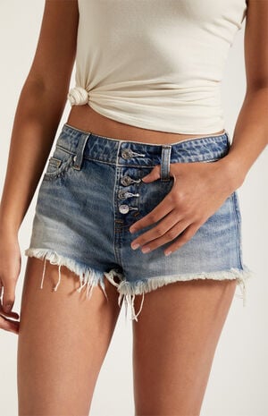 Jamie Denim Micro Shorts Exposed Button Frayed Light Blue image number 5