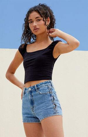 Medium Indigo Lace-Up High Waisted Denim Festival Shorts image number 2