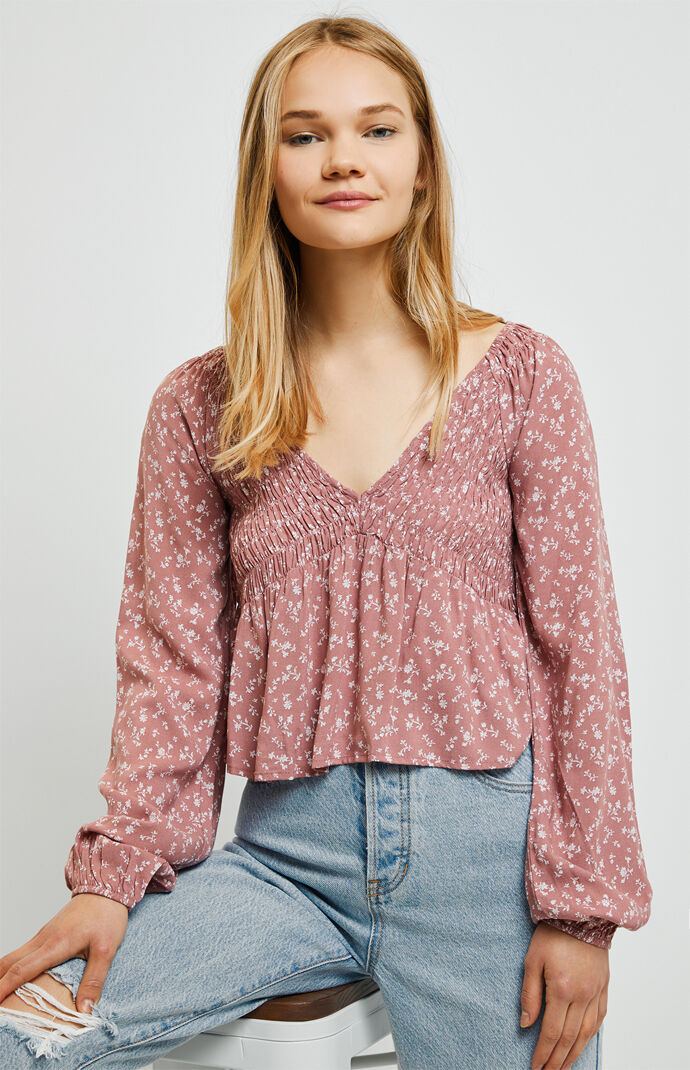 Long Sleeve Smocked V-Neck Babydoll Top