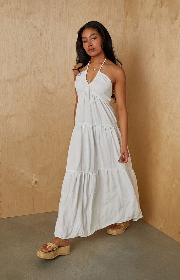 Square Neck Flowy White Backless Sundress Keyhole Halter Midi