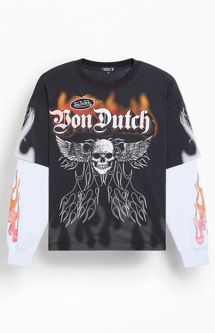 Von Dutch Men's Skull 2fer Layered Long Sleeve T-shirt In Charcoal