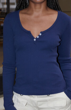 Navy Notched Henley Long Sleeve Top image number 2