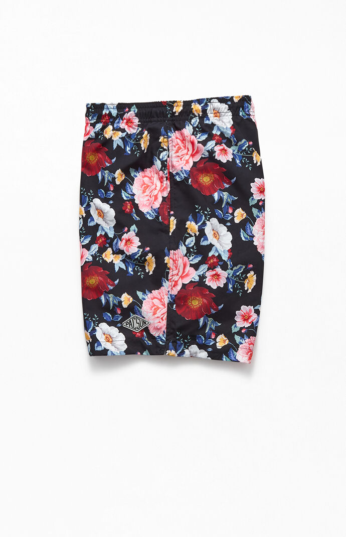 Black Floral 17" Swim Trunks