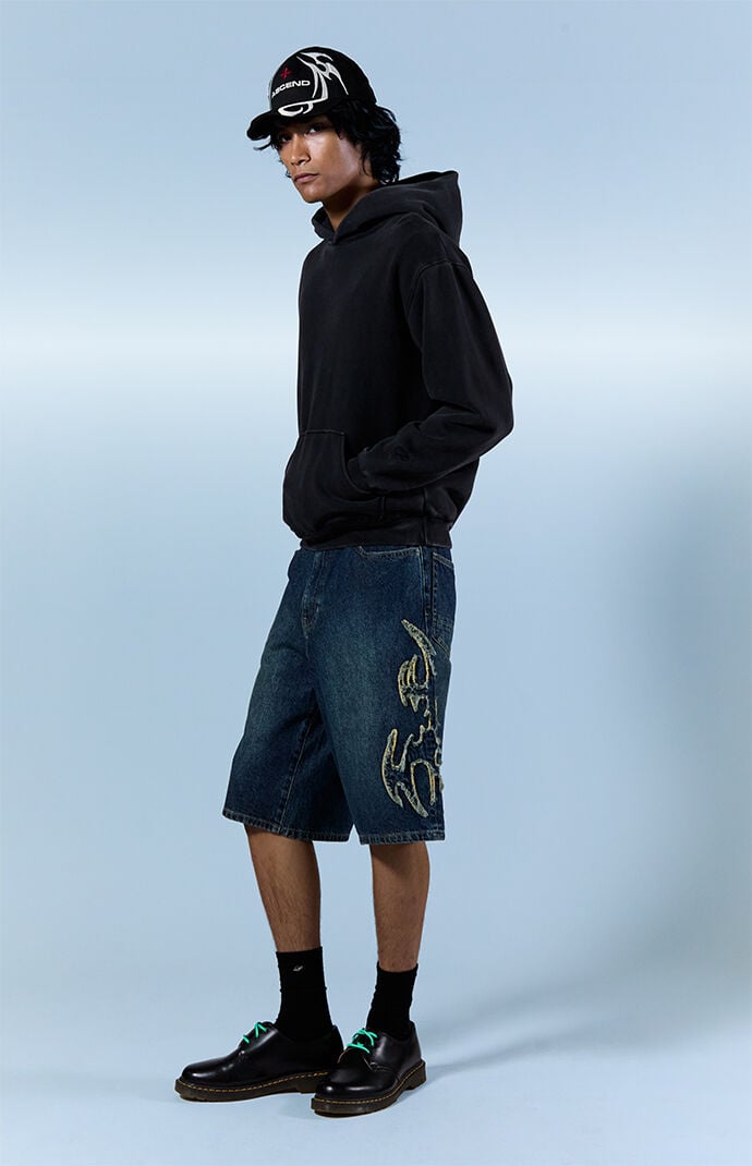 Pacsun Austin Extreme Baggy Jean Shorts Cyber Applique Dark Blue