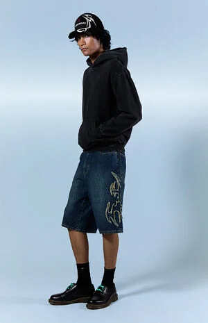 Austin Extreme Baggy Jean Shorts Cyber Applique Dark Blue image number 1