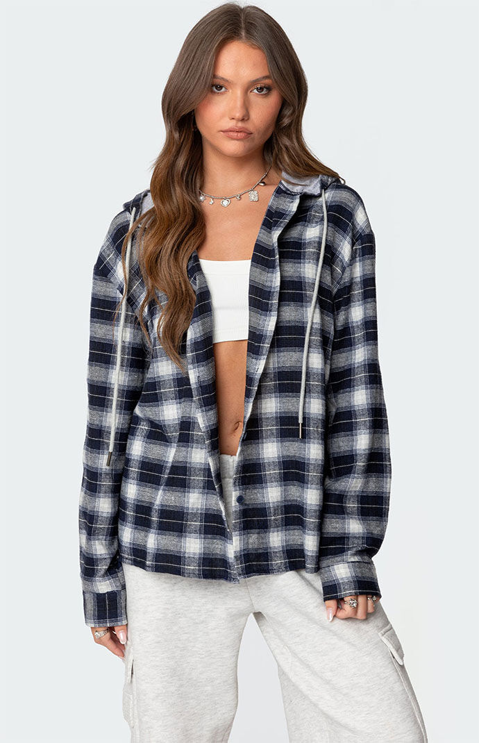 Edikted Plaid Hooded Button Up Shirt Navy S