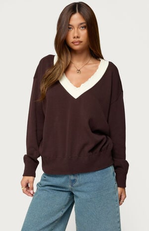 Edikted Marie Contrast Lacey V Neck Sweater | PacSun