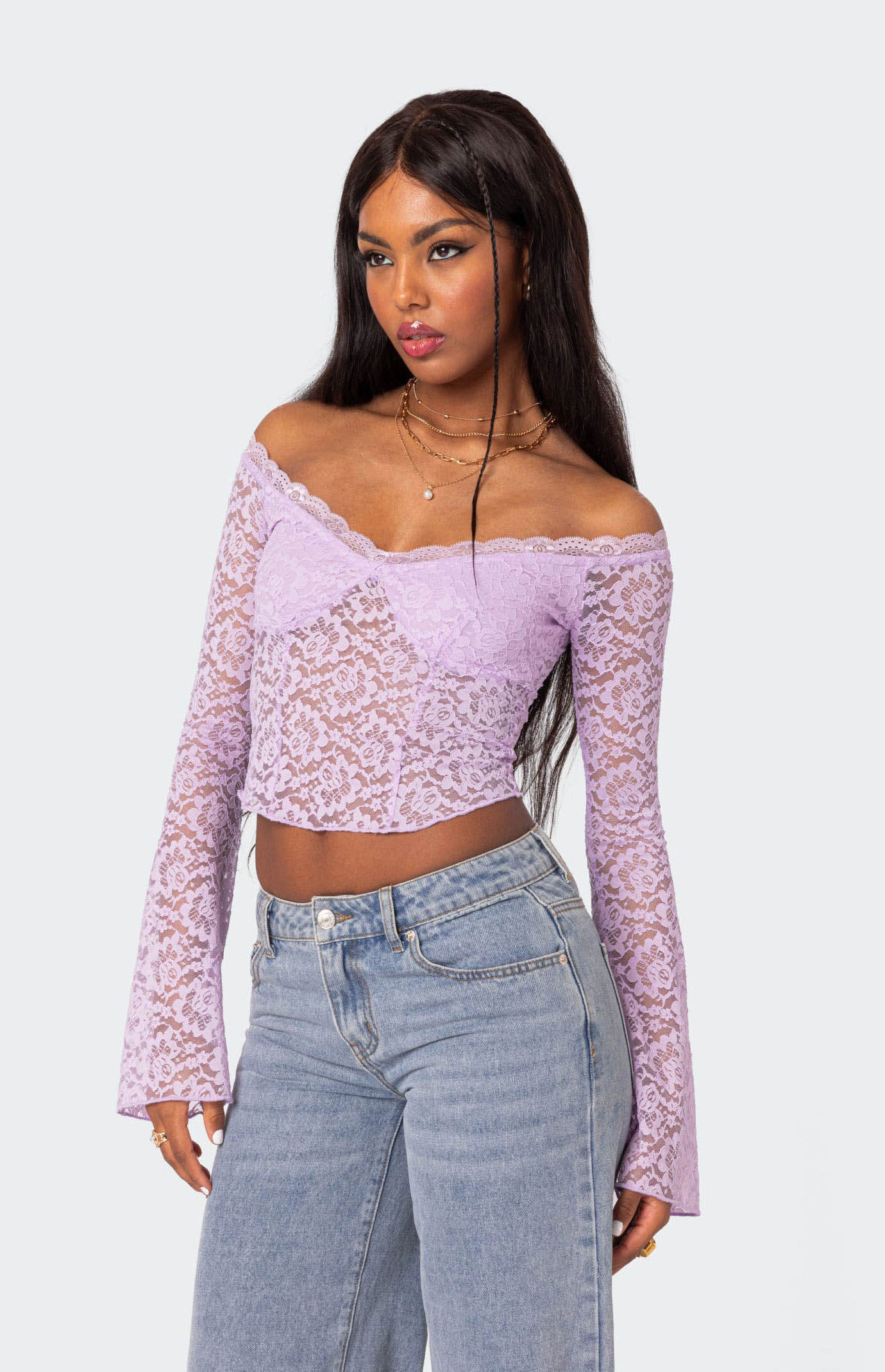 Edikted Linda Off Shoulder Sheer Lace Top | PacSun