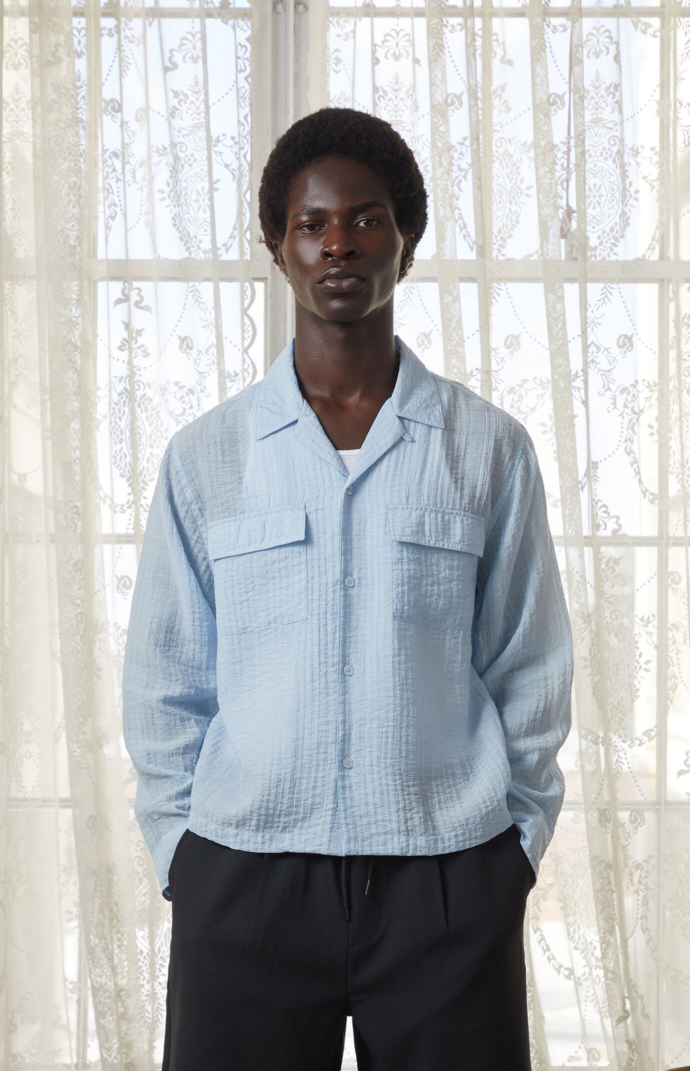 The Met x Pacsun Seersucker Cropped Button Up Long Sleeve Shirt