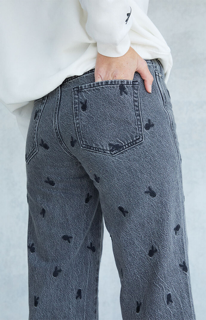Playboy By PacSun Black Embroidered High Waisted Baggy Jeans PacSun