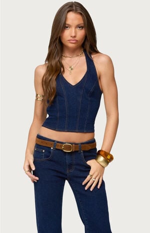 Jemima Contrast Stitch Denim Halter Top image number 1