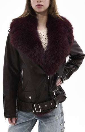 Aurelia Burgundy Faux Leather & Fur Moto Jacket image number 1