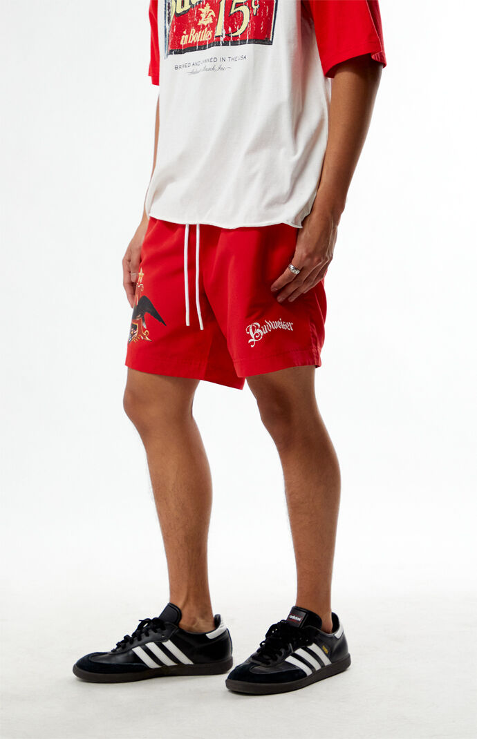Budweiser PACSUN ナイロン スイムショーツ S 赤 白 青 総柄 Budweiser By PacSun Logo Volley 6.5