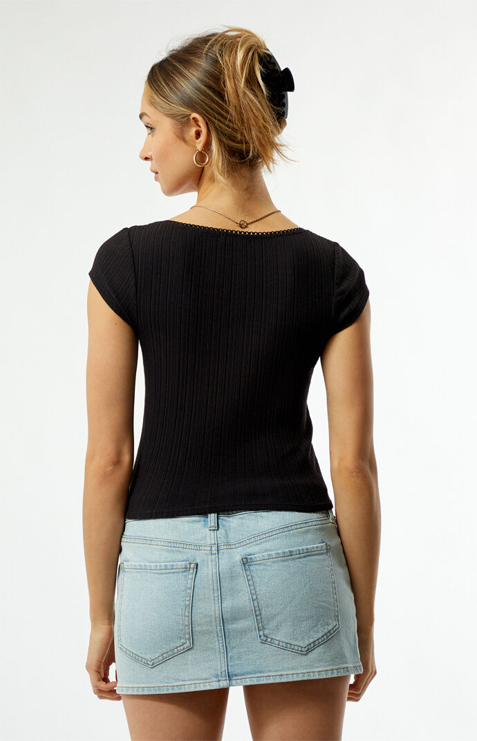 tシャツ Lace Stitching Square Collar Top レディース Lace Stitching Square Collar Top/レースステッチスクエア