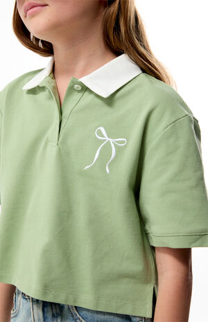 Sage Bow Embroidered Cropped Polo Shirt image number 2