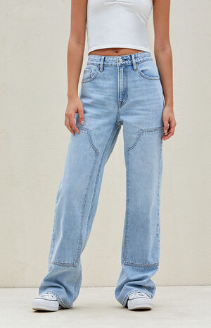 Light Indigo Panel High Waisted Girlfriend Jeans image number 1