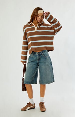 Brown Striped Rugby Polo Knit Sweater image number 5