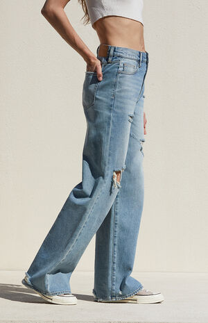 Medium Indigo Ripped&nbsp;Mid Rise Baggy Jeans image number 3