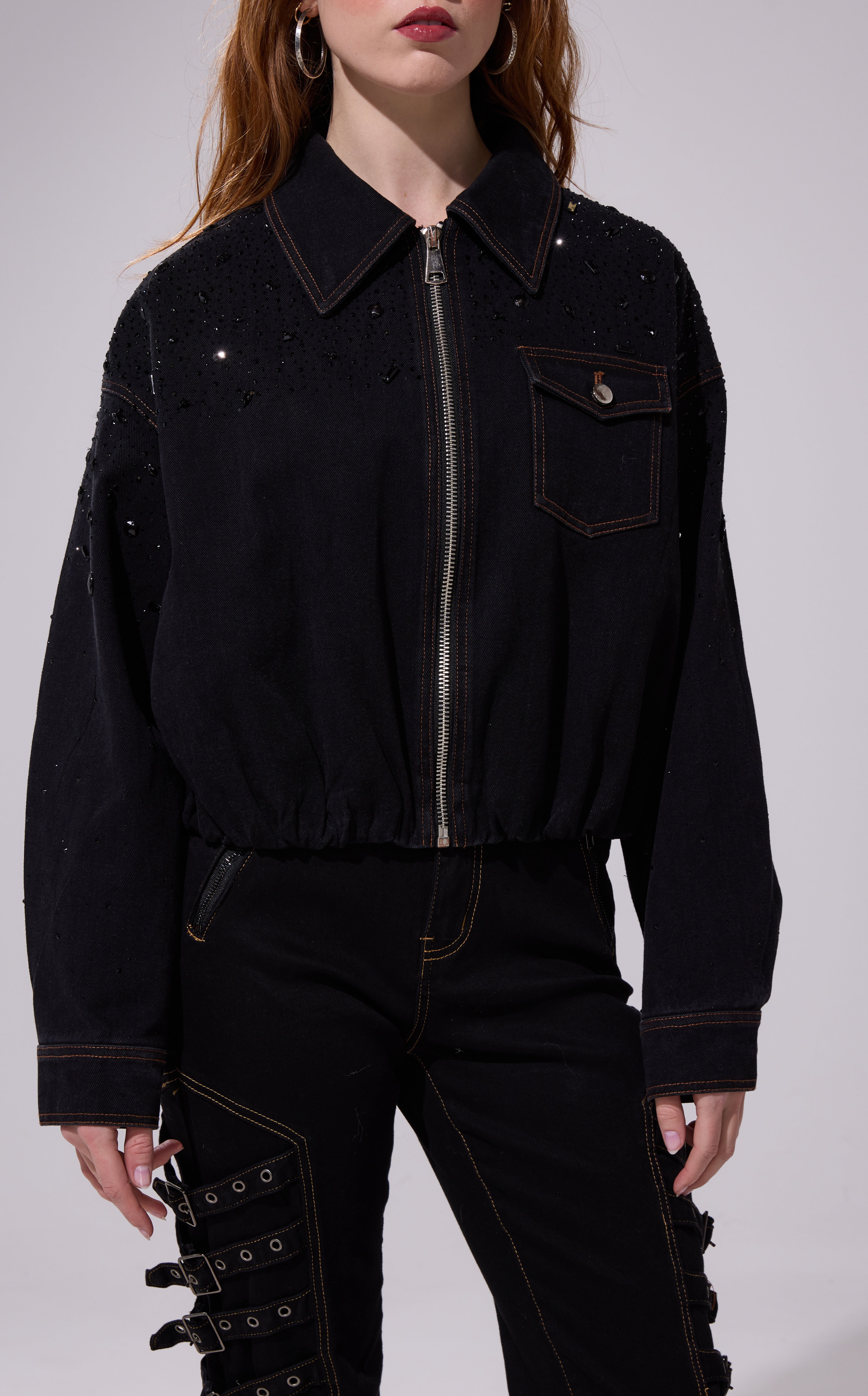 AZALEA WANG Safina Black Embellished Denim Jacket