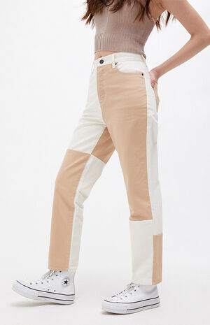 Two-Tone Paneled High Waisted Straight Leg Jeans image number 2