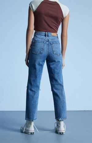 PacSun Eco Medium Blue Distressed High Waisted Straight Leg Jeans | PacSun