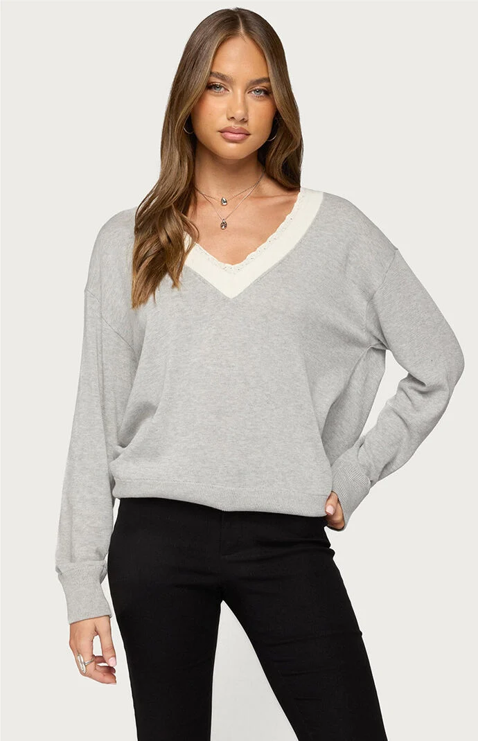Edikted Marie Contrast Lace V-Neck Sweater