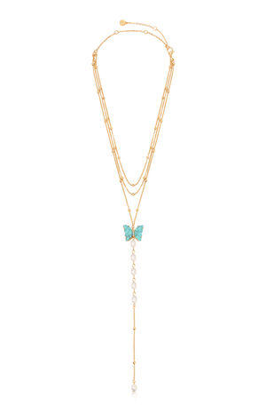 Turquoise Butterfly Pearl Chain Lariat Necklace image number 2