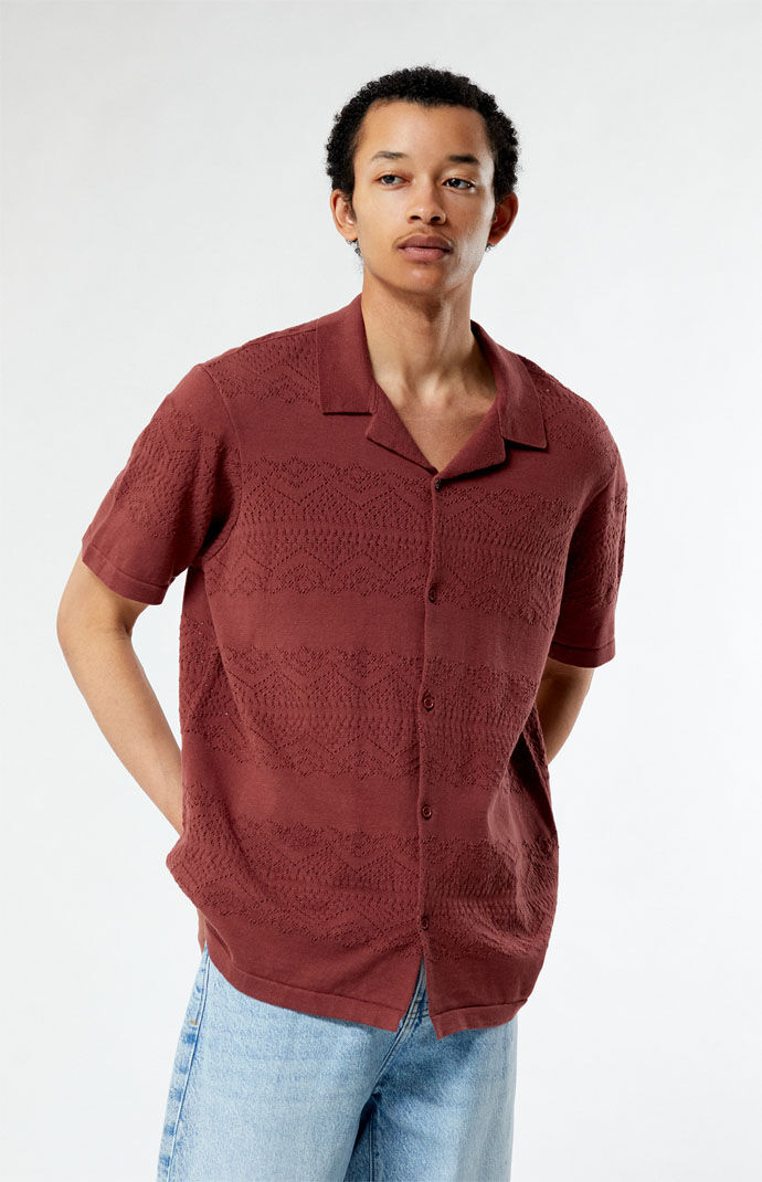 Burgundy short cheap sleeve button up