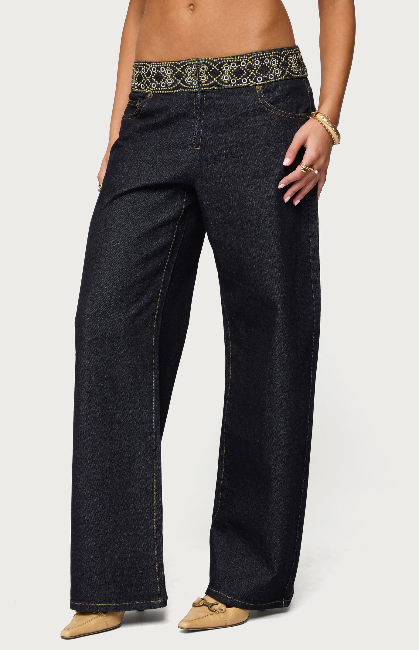 Edikted Carlie Embroidered Low Rise Wide Leg Jeans